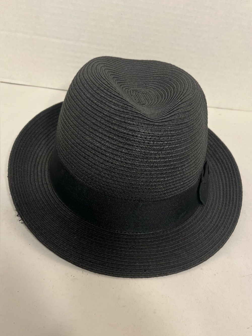 Men's Vintage K-BRAND Classic Black Straw Fedora Hat W/Grisgrain Ribbon Bow (L)